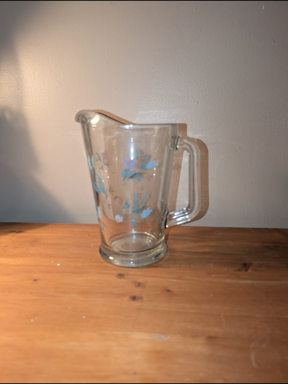 Pfaltzgraff April Clear Glass Pitcher with Blue Floral Accent - Home Dining